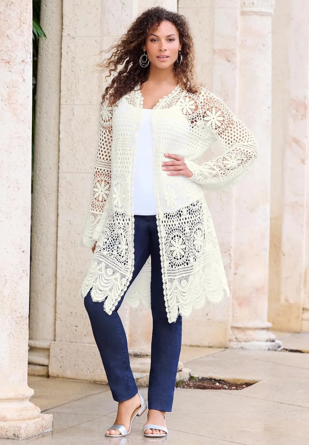 Roaman's Women's Plus Size Floral Lace Crochet Duster