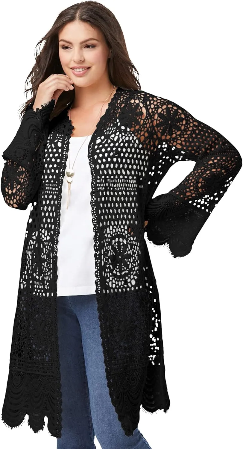 Roaman's Women's Plus Size Floral Lace Crochet Duster