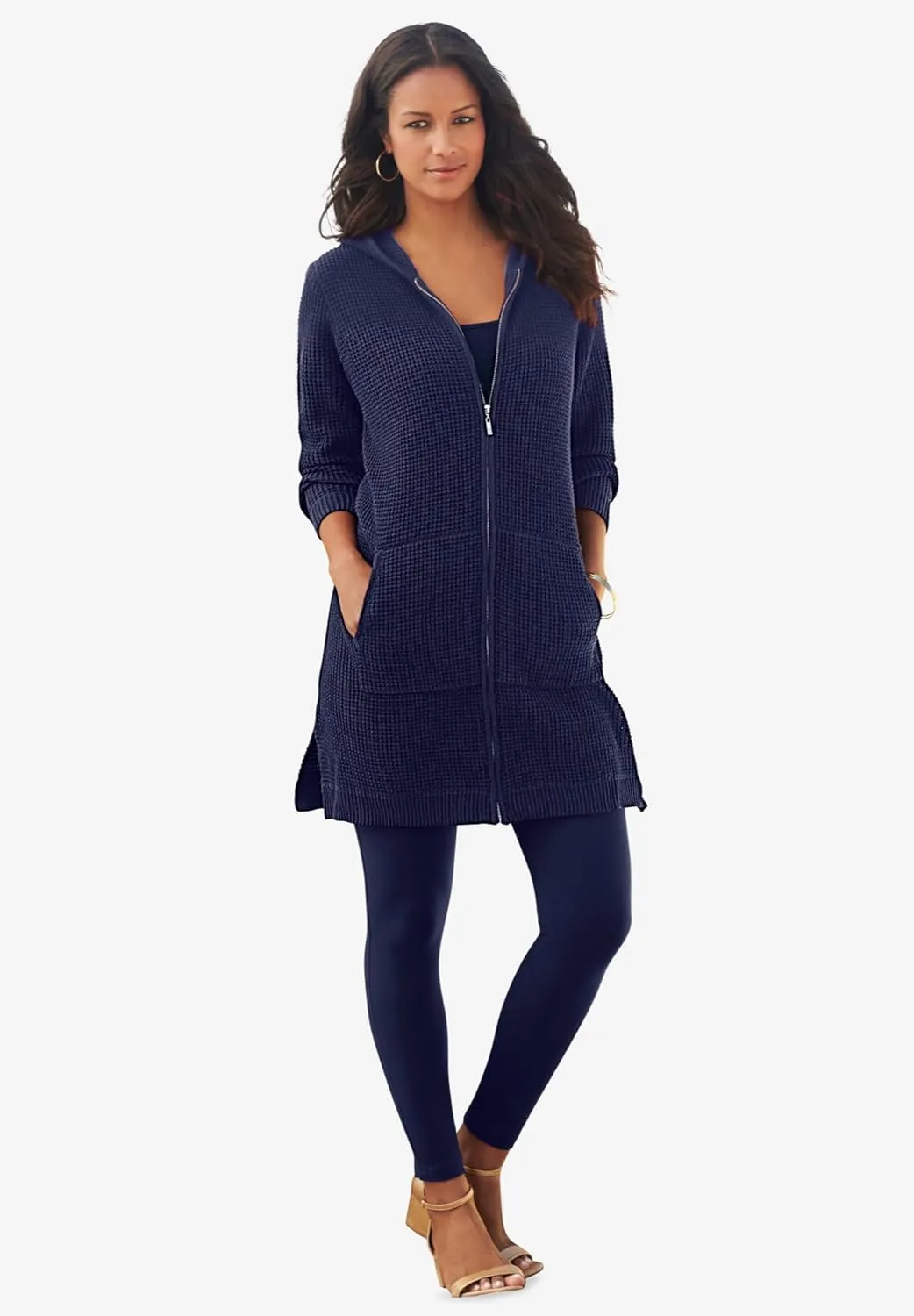 Roaman's Women's Plus Size Mega Length Waffle Zip Hoodie