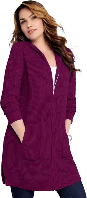 Roaman's Women's Plus Size Mega Length Waffle Zip Hoodie
