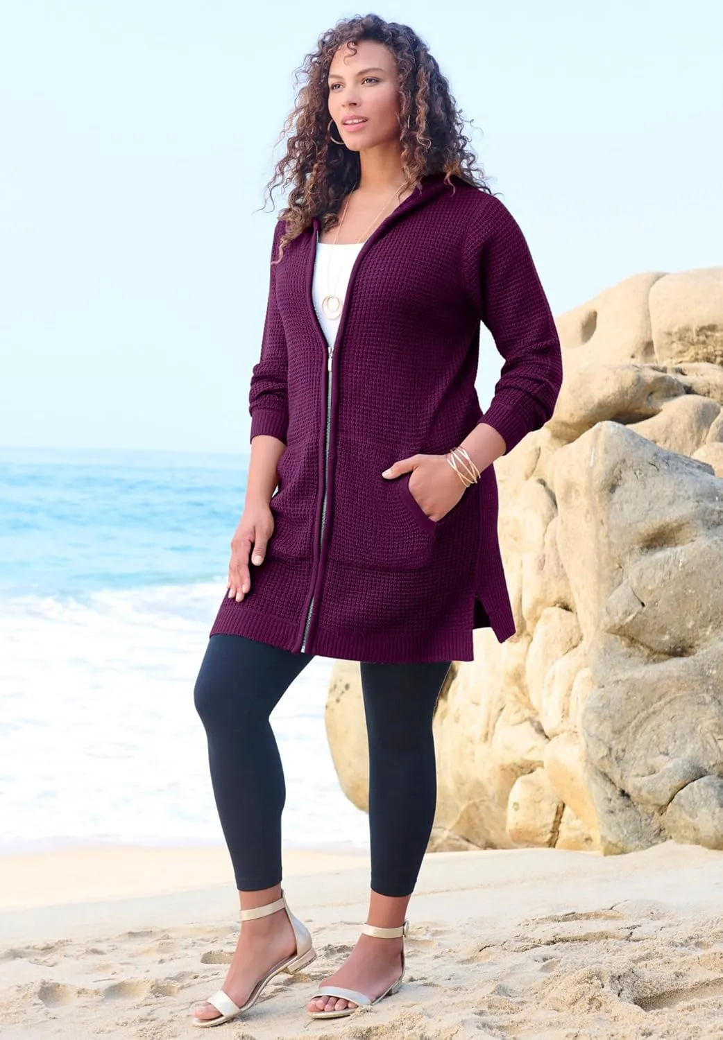 Roaman's Women's Plus Size Mega Length Waffle Zip Hoodie