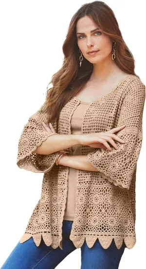 Roaman's Women's Plus Size Scallop Trim Crochet Cardigan