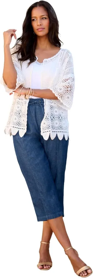 Roaman's Women's Plus Size Scallop Trim Crochet Cardigan