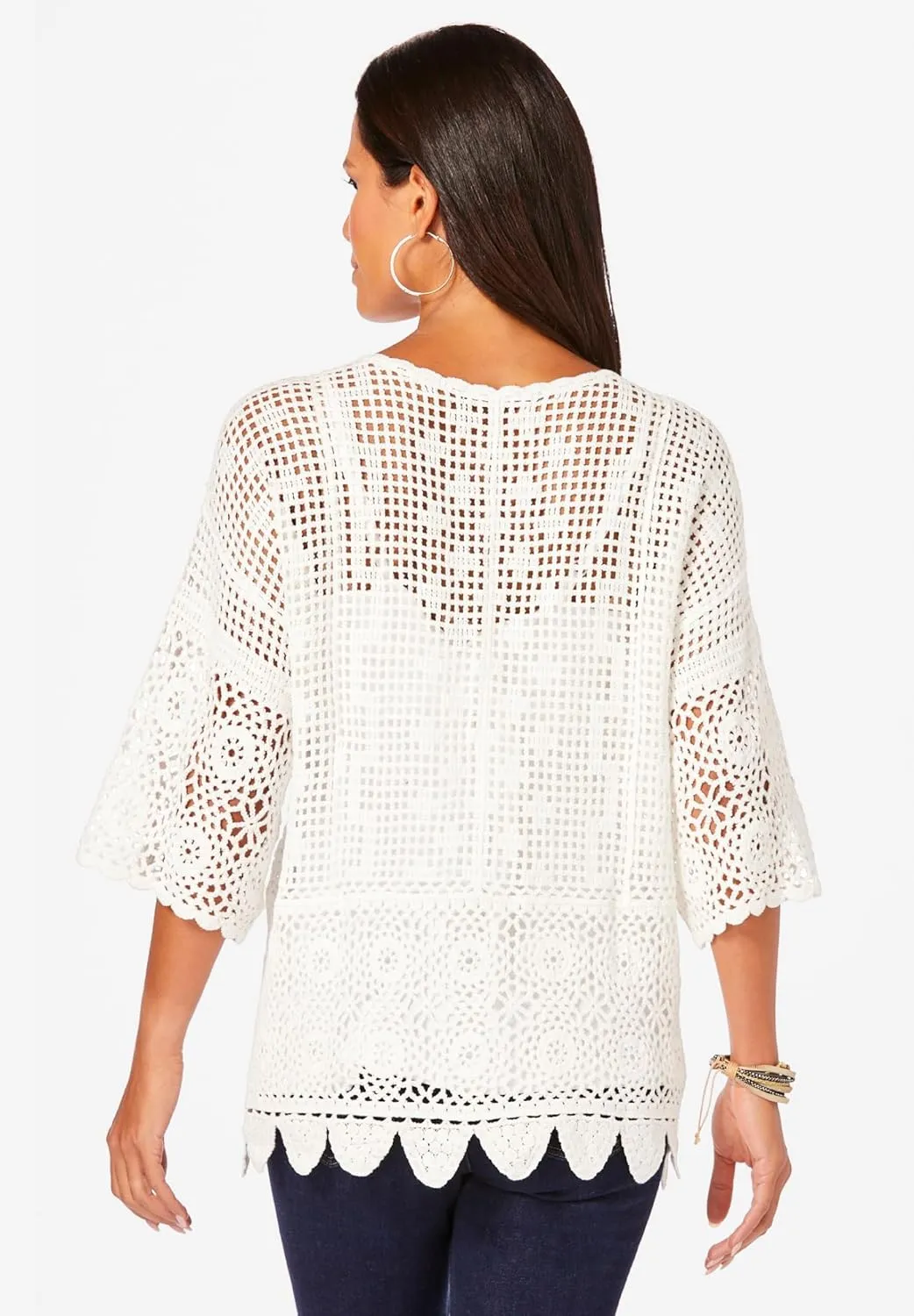 Roaman's Women's Plus Size Scallop Trim Crochet Cardigan