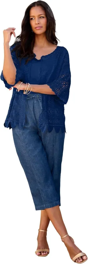 Roaman's Women's Plus Size Scallop Trim Crochet Cardigan