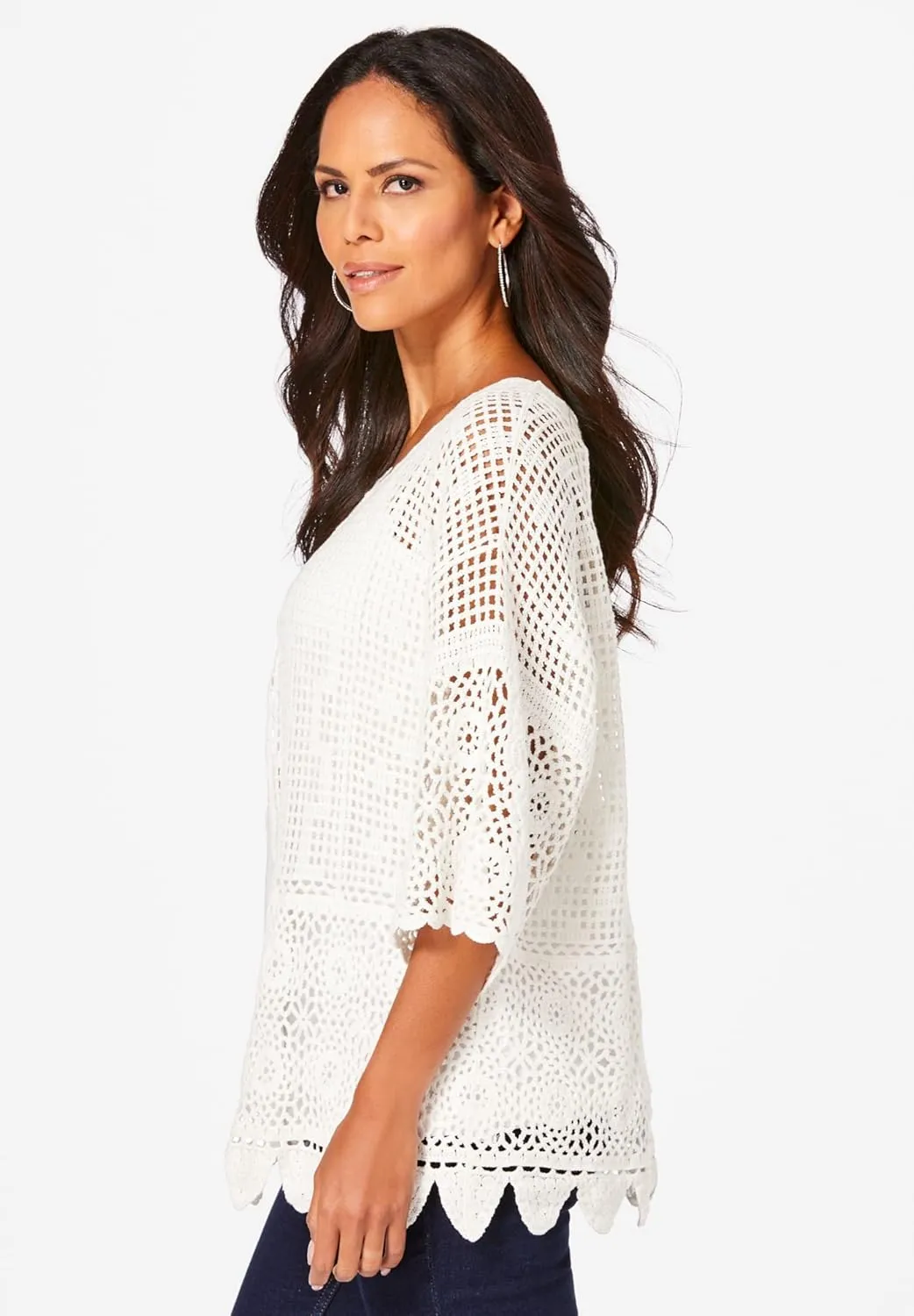 Roaman's Women's Plus Size Scallop Trim Crochet Cardigan