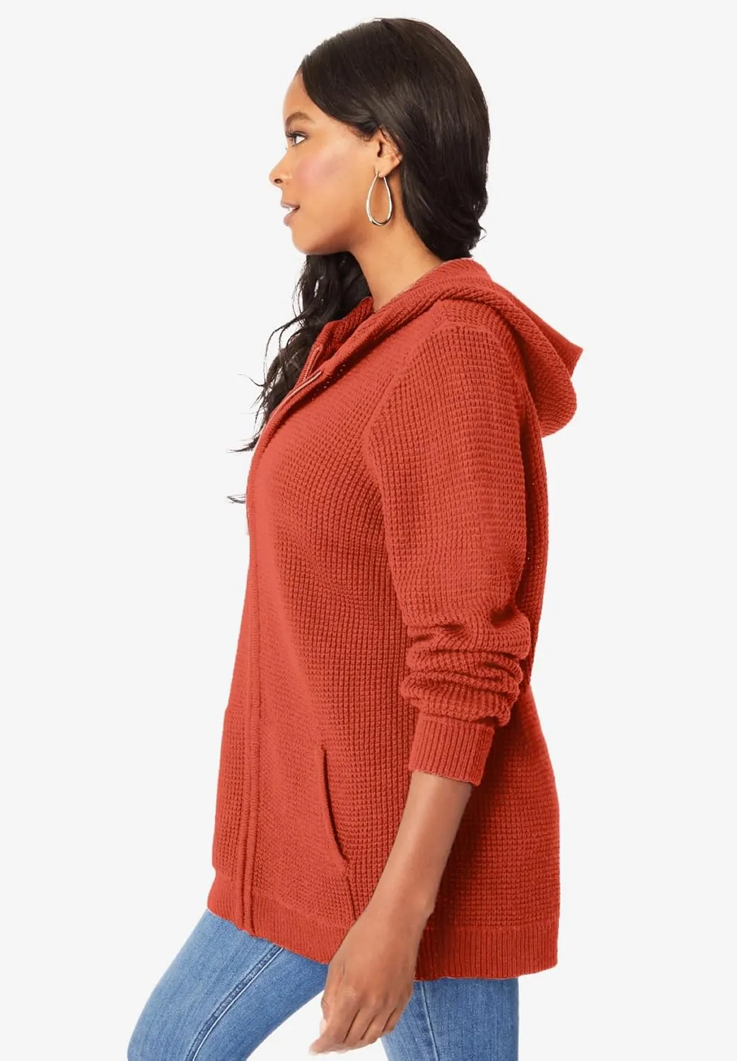 Roaman's Women's Plus Size Thermal Waffle Hoodie Zip Up Cardigan Jacket