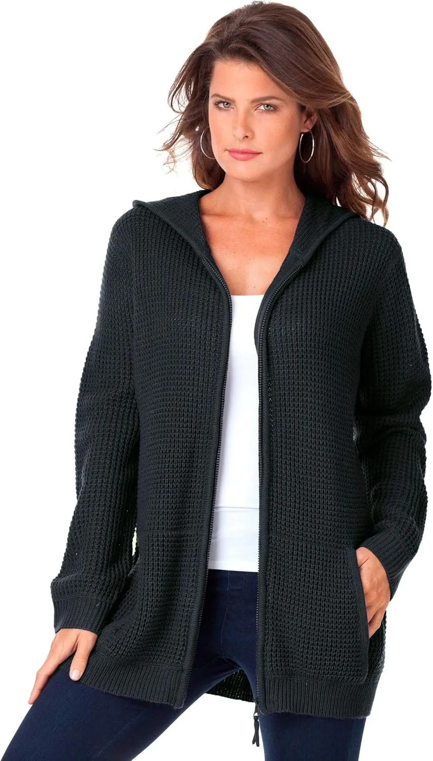 Roaman's Women's Plus Size Thermal Waffle Hoodie Zip Up Cardigan Jacket