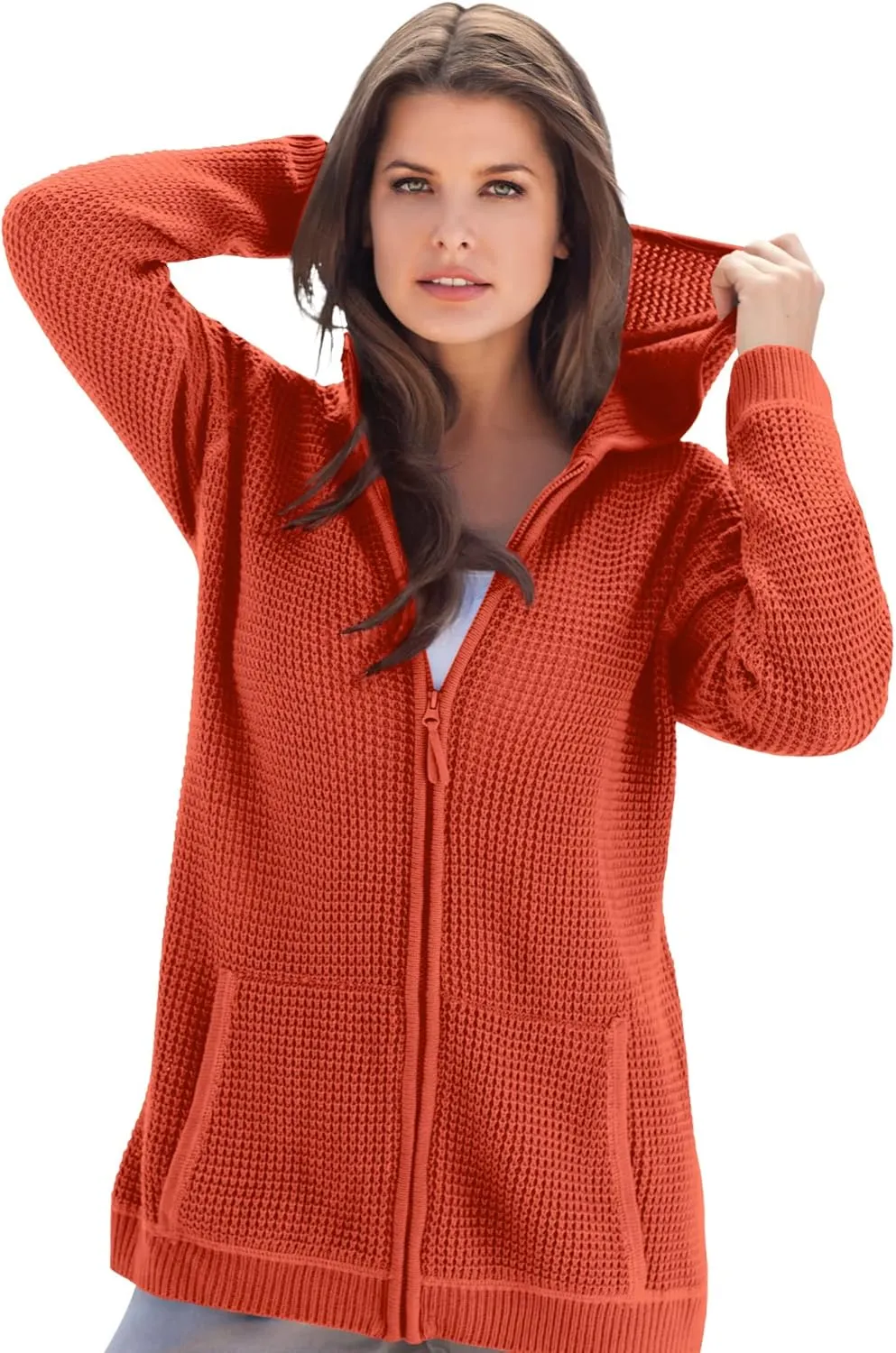 Roaman's Women's Plus Size Thermal Waffle Hoodie Zip Up Cardigan Jacket