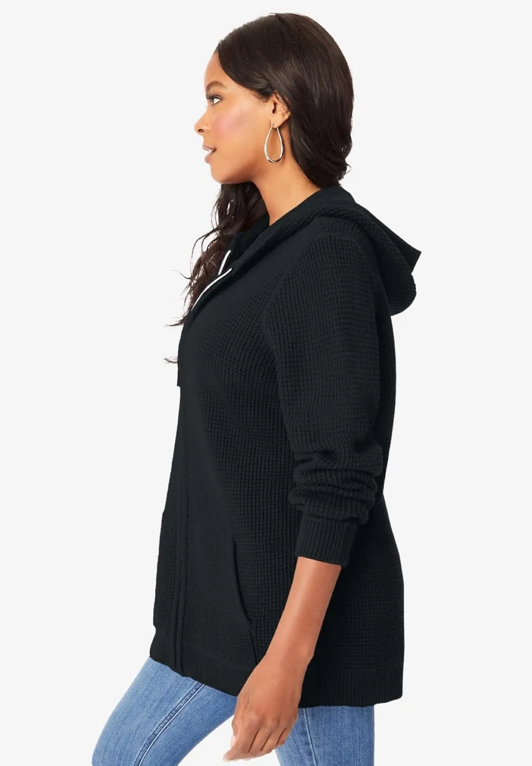 Roaman's Women's Plus Size Thermal Waffle Hoodie Zip Up Cardigan Jacket