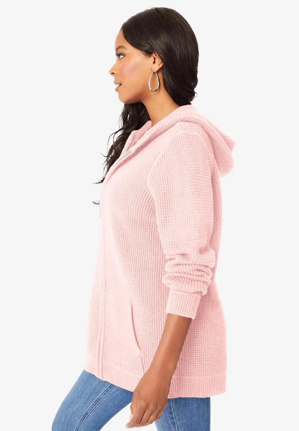 Roaman's Women's Plus Size Thermal Waffle Hoodie Zip Up Cardigan Jacket