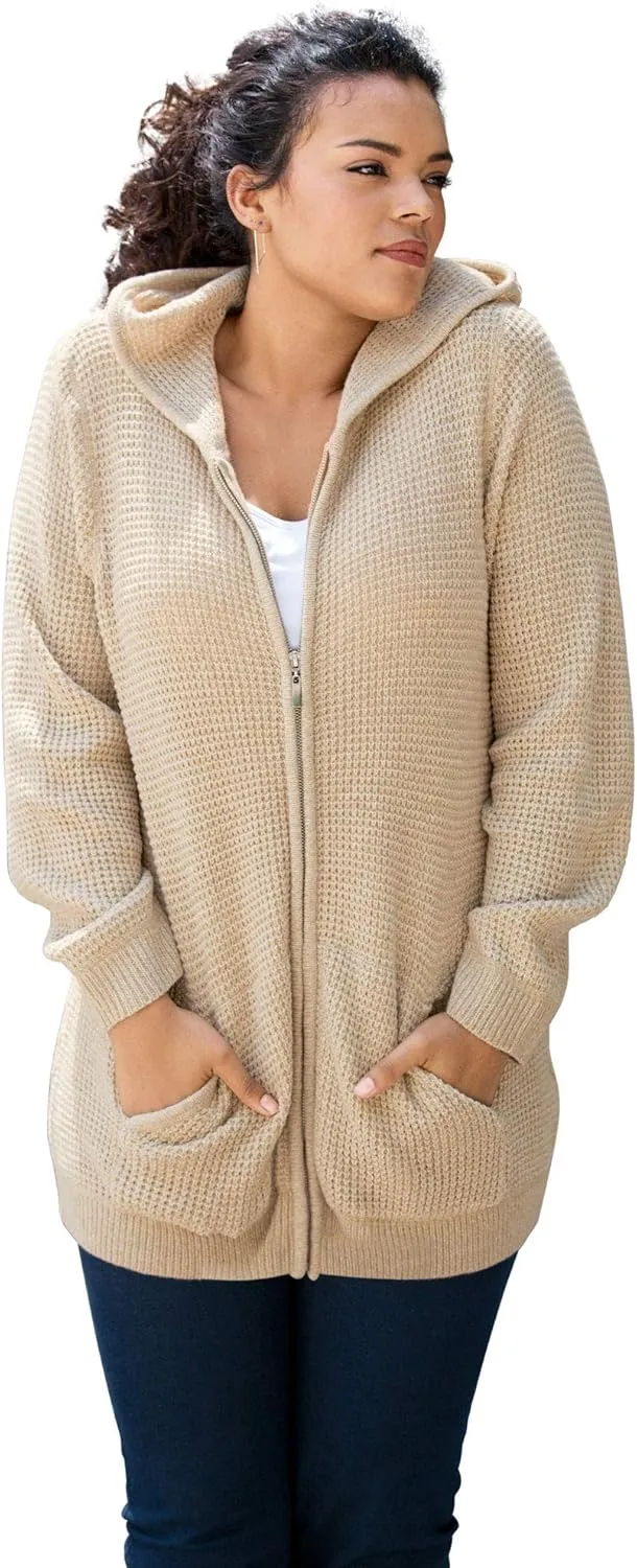 Roaman's Women's Plus Size Thermal Waffle Hoodie Zip Up Cardigan Jacket