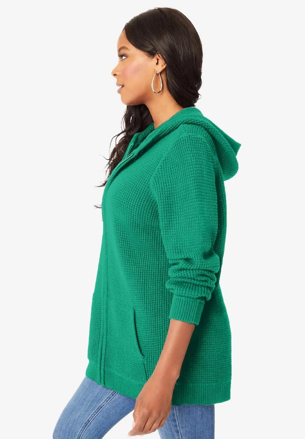 Roaman's Women's Plus Size Thermal Waffle Hoodie Zip Up Cardigan Jacket