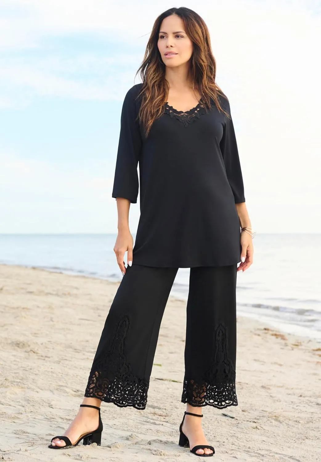 Roaman's Women's Plus Size Wide Leg Ultrasmooth Fabric Lace Pant