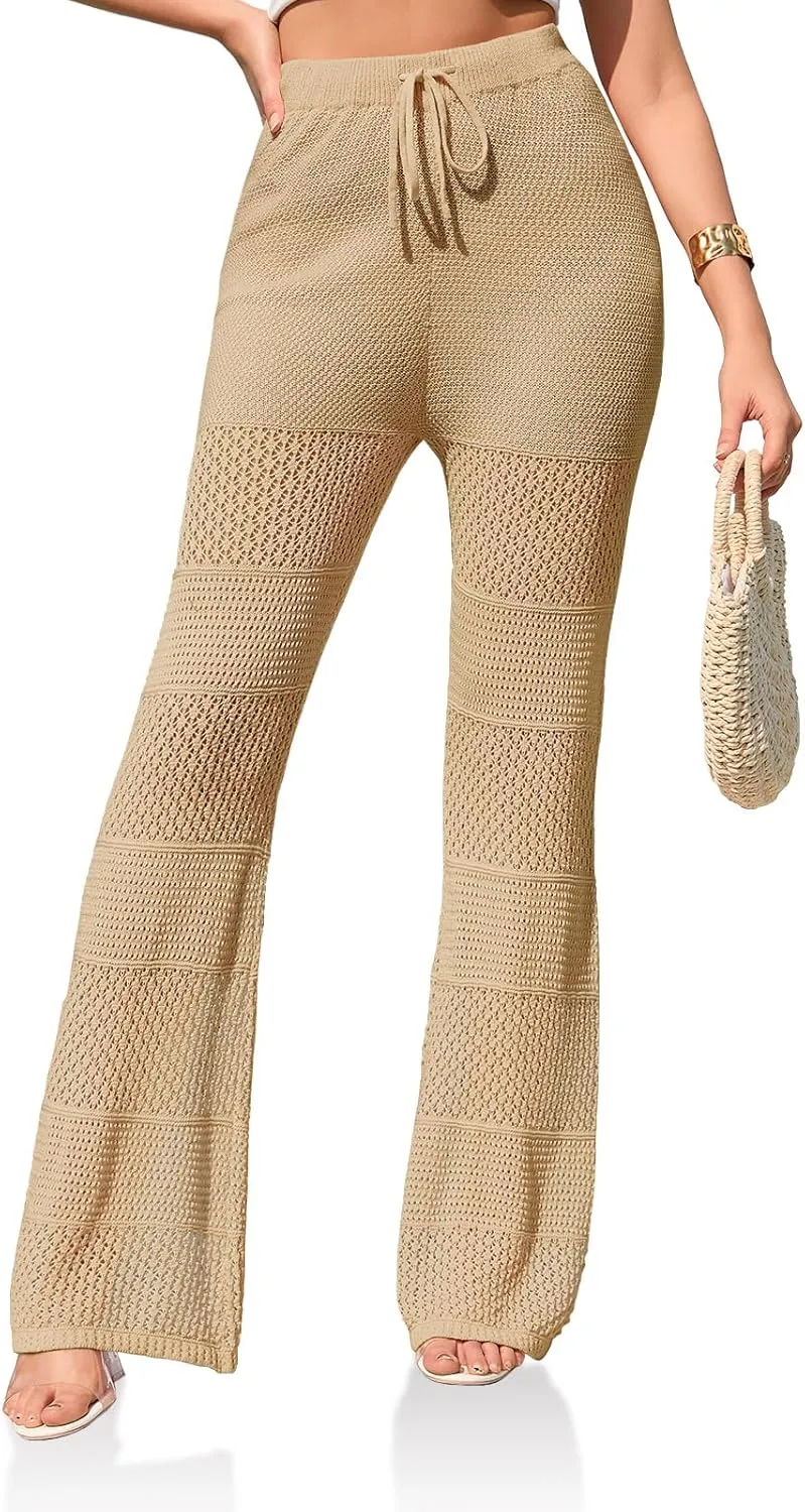 Saodimallsu Womens Beach Cover Up Pants Boho Crochet Knit High Waist Drawstring Sheer Hollow Swim Pant Swimwear