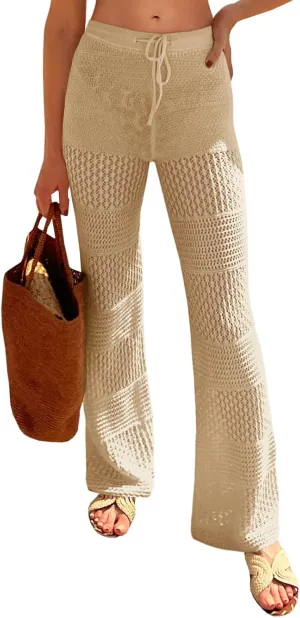 Saodimallsu Womens Beach Cover Up Pants Boho Crochet Knit High Waist Drawstring Sheer Hollow Swim Pant Swimwear