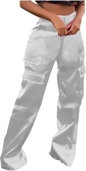 Satin Cargo Pants for Women High Waist Multiple Pockets Straight Wide Leg Trouser Casual Outdoor Flowy Palazzo Pants