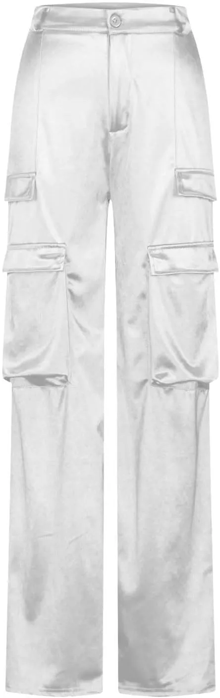 Satin Cargo Pants for Women High Waist Multiple Pockets Straight Wide Leg Trouser Casual Outdoor Flowy Palazzo Pants