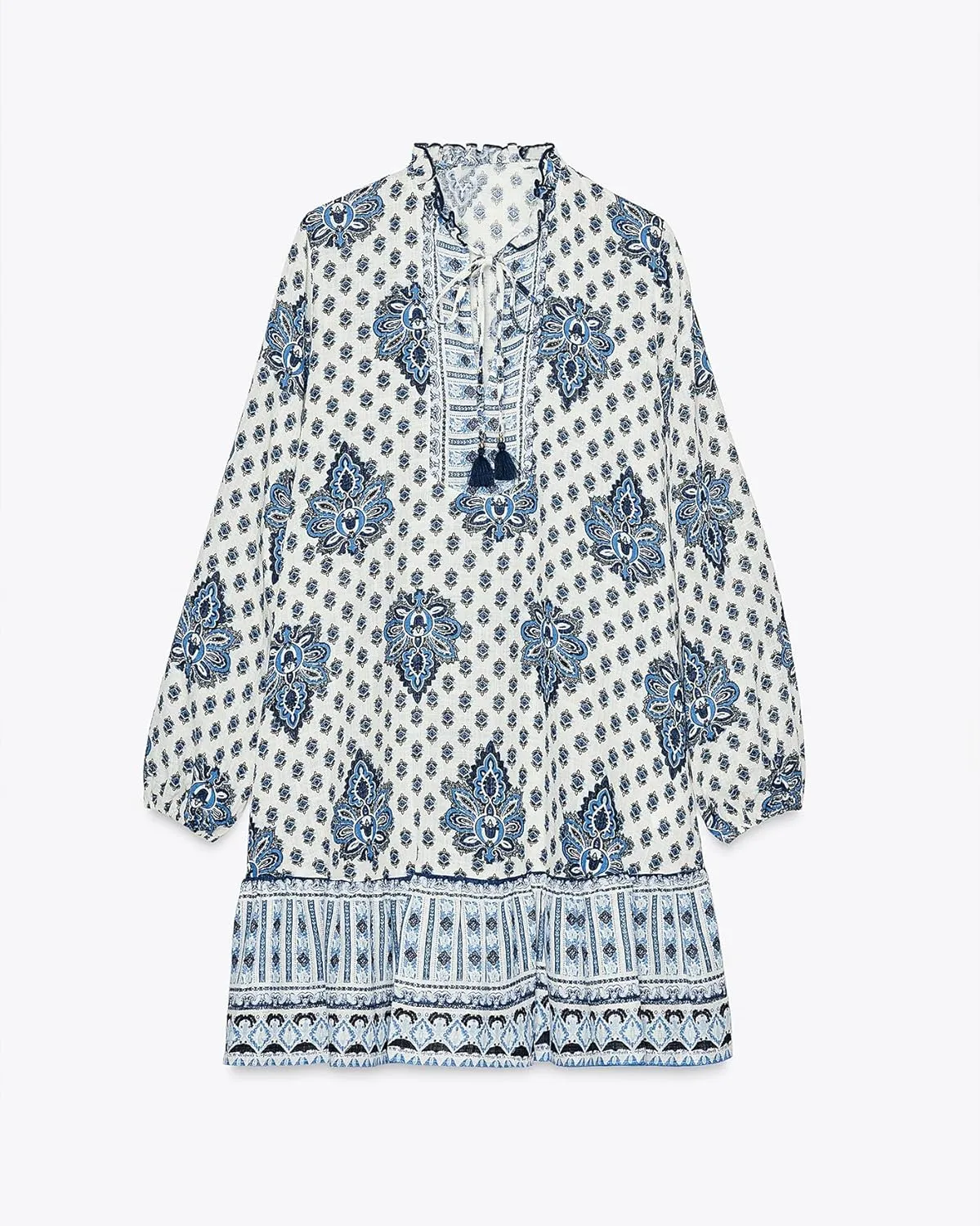 SCOFEEL Womens Print Mini Dress Ruffle Tie Neck Long Sleeve Smocked A-Line Flowy Loose Fit Boho Short Dress