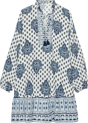 SCOFEEL Womens Print Mini Dress Ruffle Tie Neck Long Sleeve Smocked A-Line Flowy Loose Fit Boho Short Dress