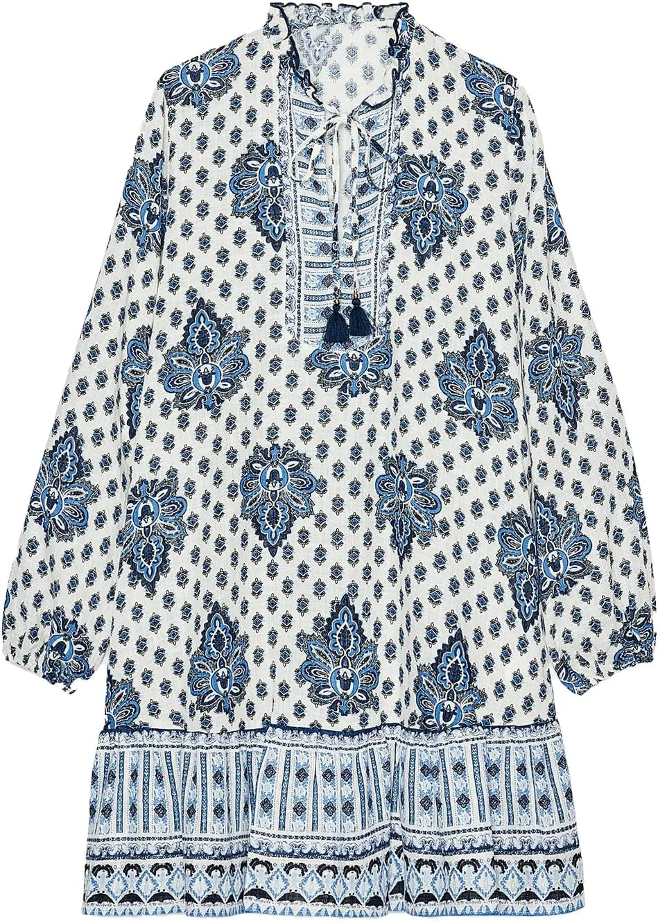 SCOFEEL Womens Print Mini Dress Ruffle Tie Neck Long Sleeve Smocked A-Line Flowy Loose Fit Boho Short Dress