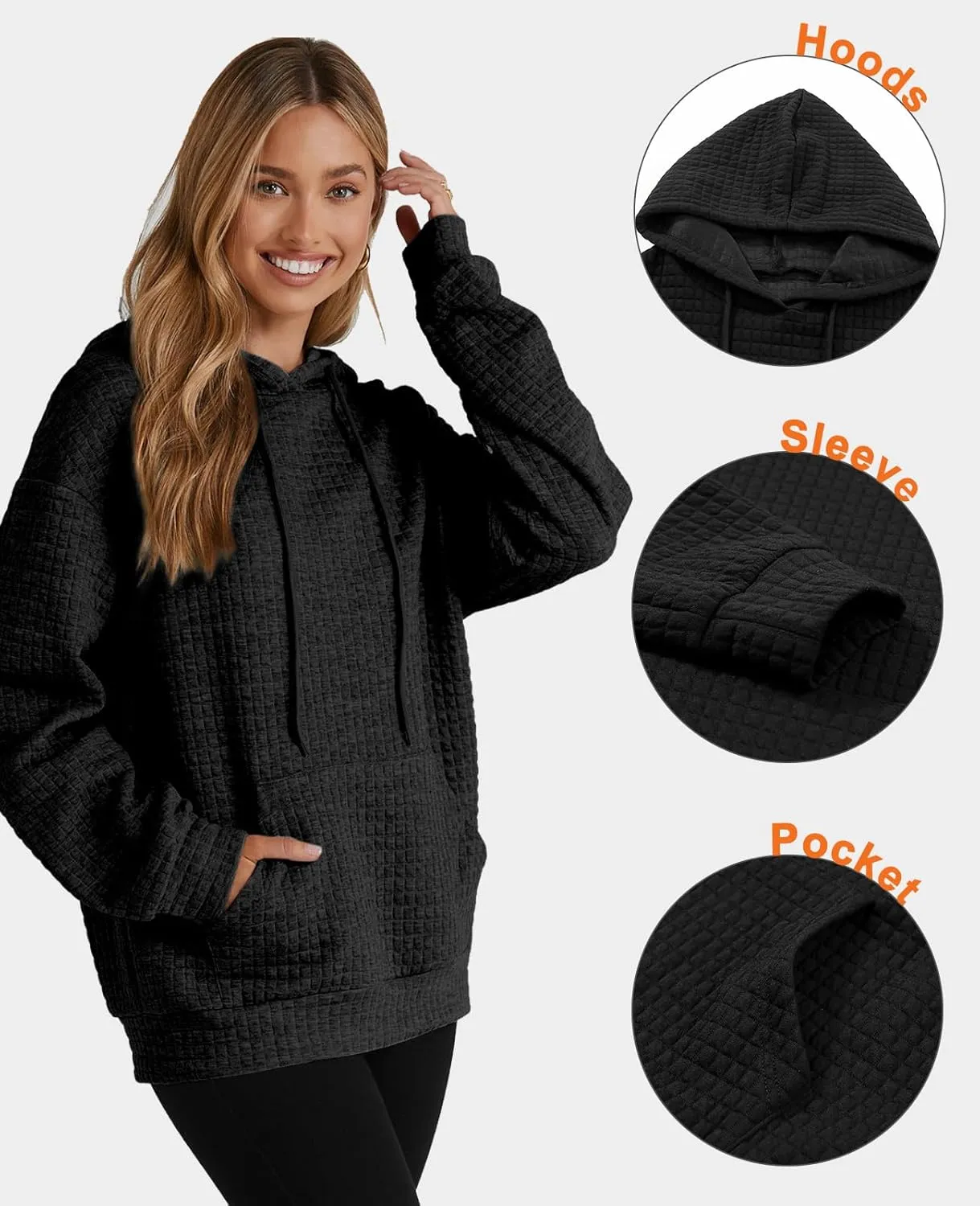 SELINK Hoodies For Women Casual Pullover Waffle Long Sleeve Drawstring Hooded Sweatshirt with Pocket