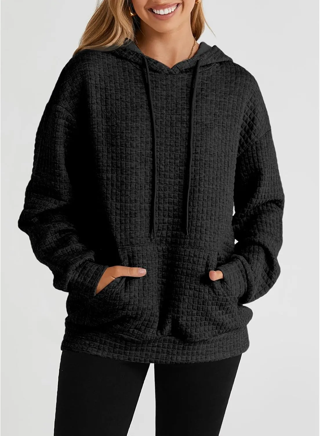 SELINK Hoodies For Women Casual Pullover Waffle Long Sleeve Drawstring Hooded Sweatshirt with Pocket