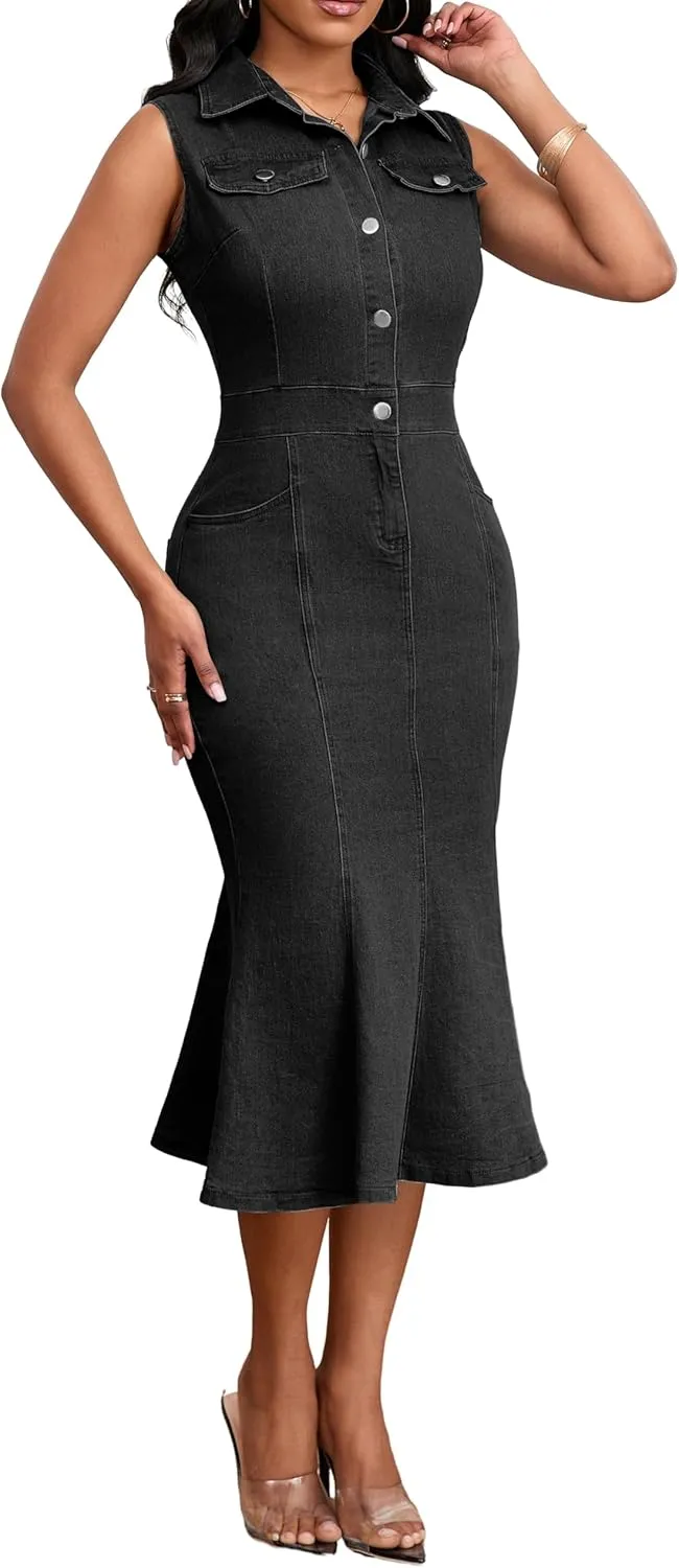 SeNight Women's Denim Dress Sexy V Neck Bodycon Mini Dresses