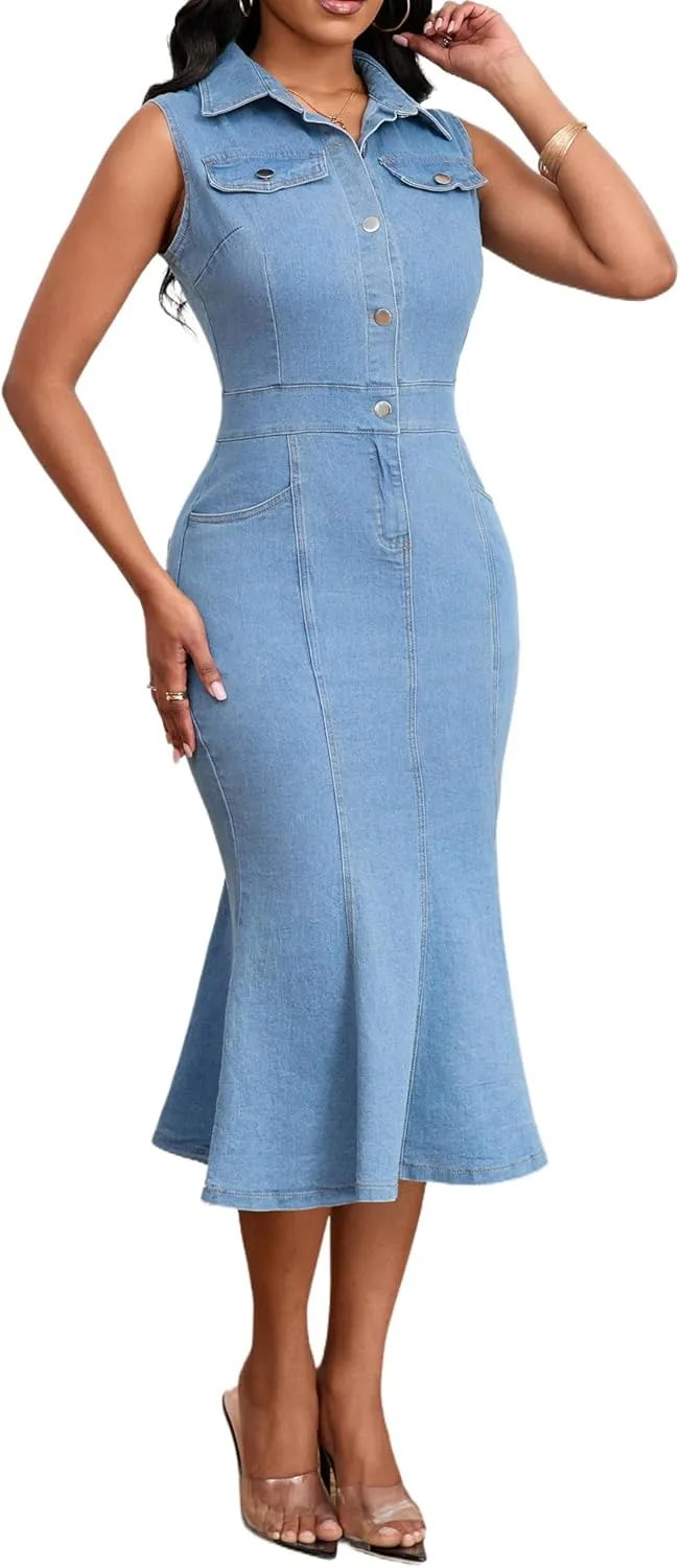 SeNight Women's Denim Dress Sexy V Neck Bodycon Mini Dresses