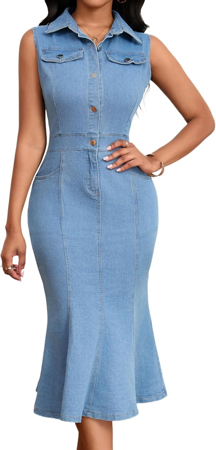 SeNight Women's Denim Dress Sexy V Neck Bodycon Mini Dresses