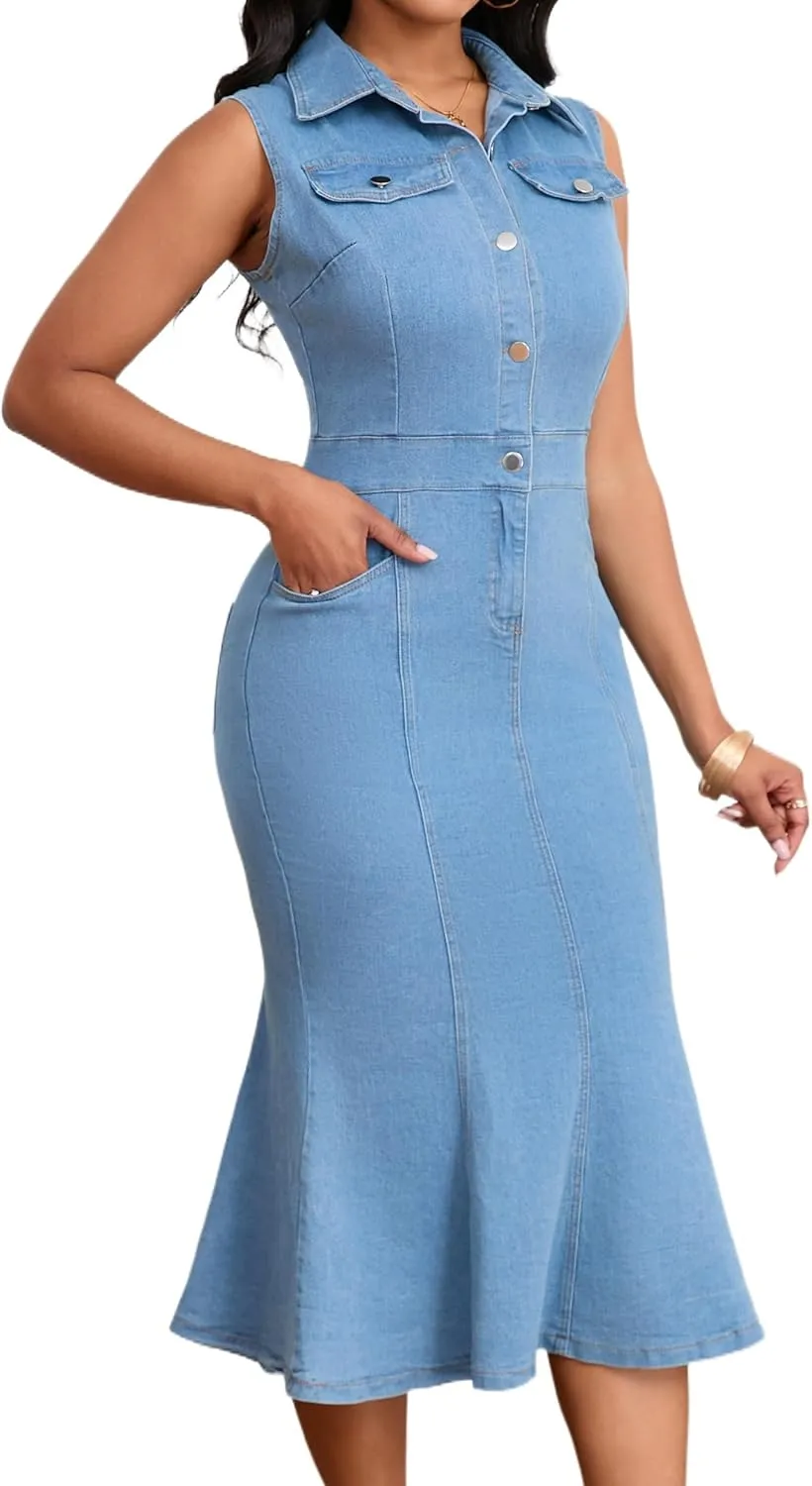 SeNight Women's Denim Dress Sexy V Neck Bodycon Mini Dresses