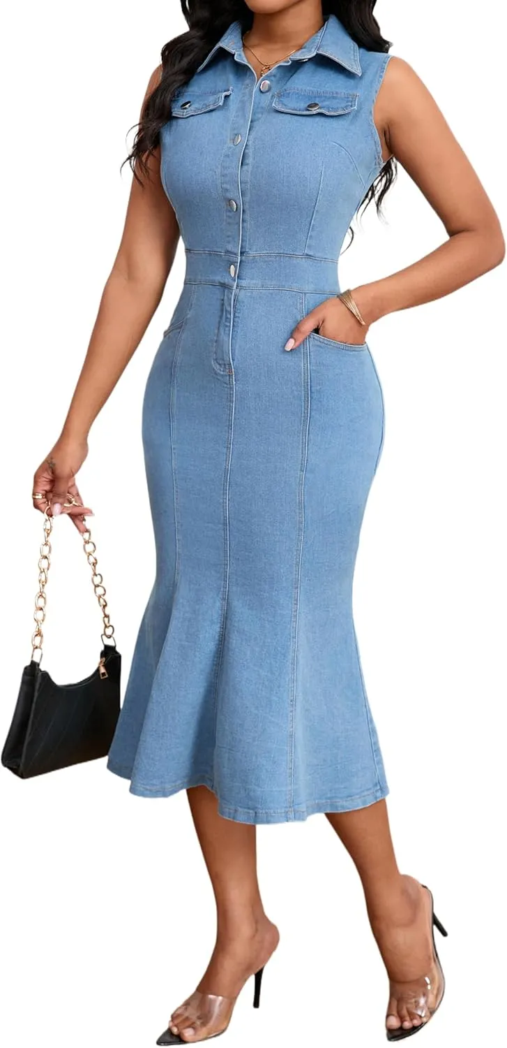 SeNight Women's Denim Dress Sexy V Neck Bodycon Mini Dresses