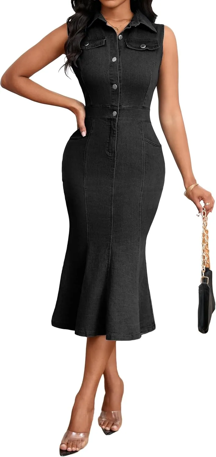 SeNight Women's Denim Dress Sexy V Neck Bodycon Mini Dresses