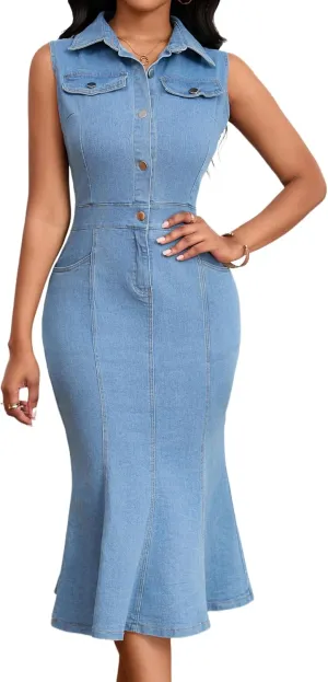 SeNight Women's Denim Dress Sexy V Neck Bodycon Mini Dresses