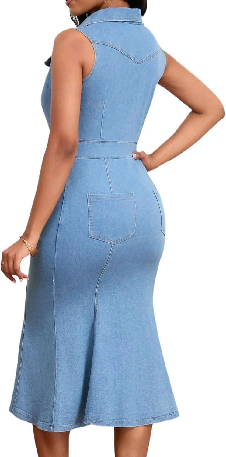 SeNight Women's Denim Dress Sexy V Neck Bodycon Mini Dresses