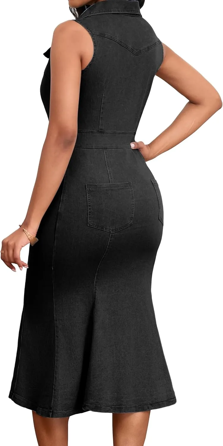 SeNight Women's Denim Dress Sexy V Neck Bodycon Mini Dresses