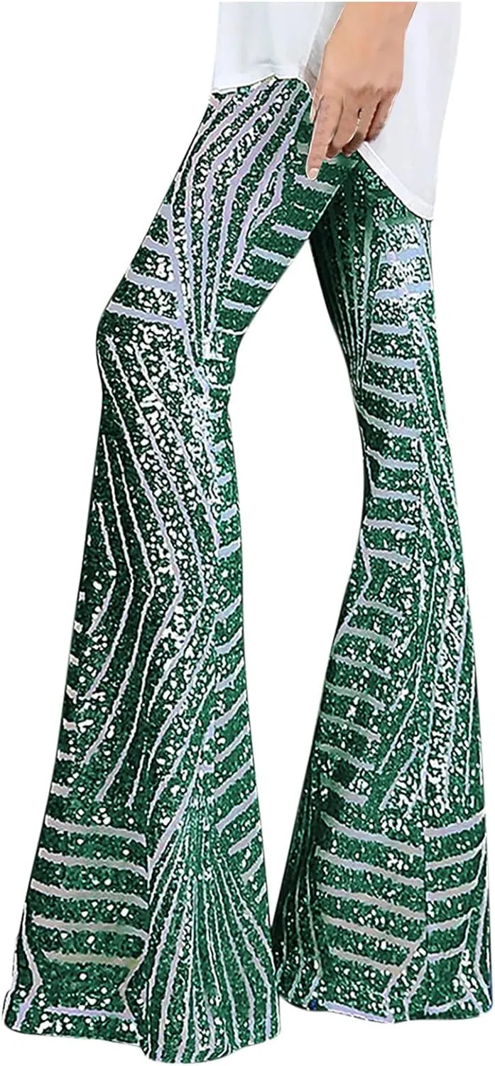 Sequin Pants Womens High Waist Bell Bottoms Glitter Wide Leg Palazzo Pants Night Club Sparkle Flared Trousers