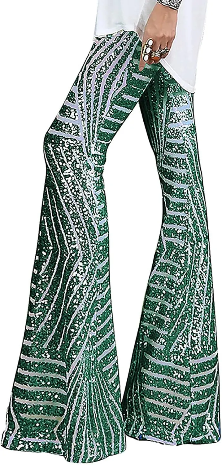 Sequin Pants Womens High Waist Bell Bottoms Glitter Wide Leg Palazzo Pants Night Club Sparkle Flared Trousers