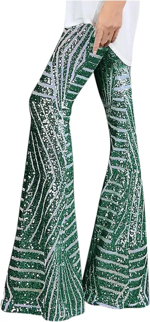 Sequin Pants Womens High Waist Bell Bottoms Glitter Wide Leg Palazzo Pants Night Club Sparkle Flared Trousers