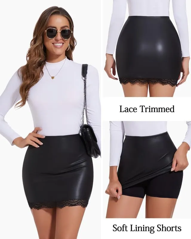 SHAPERIN Women's Faux Leather Skirt Lace Trimmed PU High Waisted Bodycon Pencil Mini Skirt Skorts