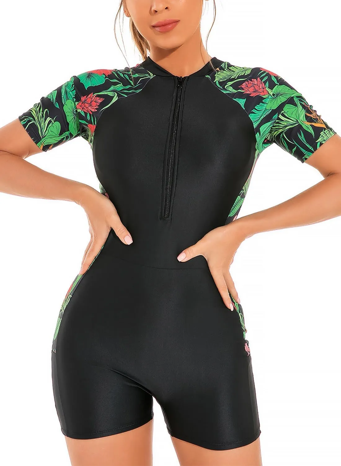 SHEKINI Womens Short Sleeve Rash Guard One Piece Swimsuit Surfing Suit Half Zipper Front Bathing Suit Quick Dry
