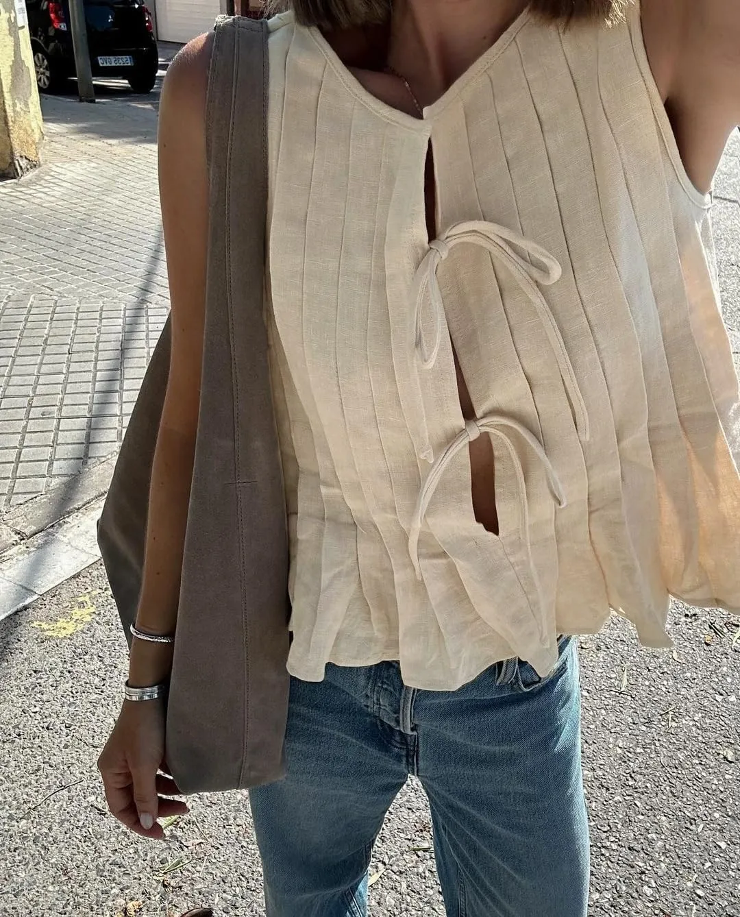 SherryDC Women Sleeveless Pleated Blouse Shirts Tie Front Tank Top Linen Vest Y2K Babydoll Ruffle Tunic Outfits