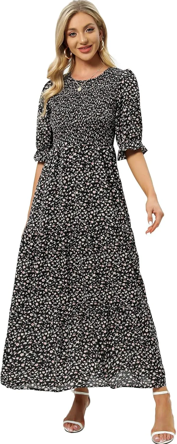 SHUQI Women's Summer Floral Maxi Dress Casual Empire Waist Ruffle Sleeve Long Dresses