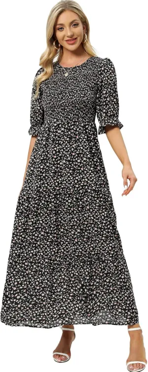 SHUQI Women's Summer Floral Maxi Dress Casual Empire Waist Ruffle Sleeve Long Dresses