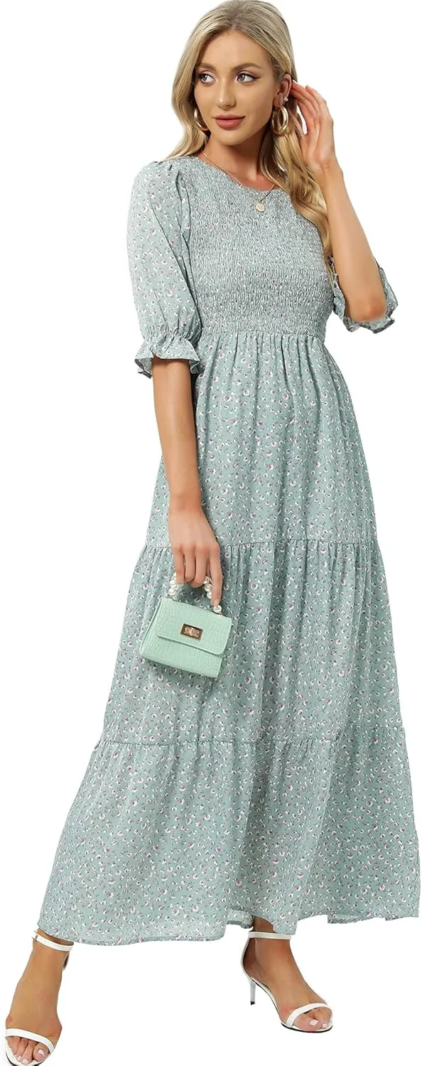 SHUQI Women's Summer Floral Maxi Dress Casual Empire Waist Ruffle Sleeve Long Dresses