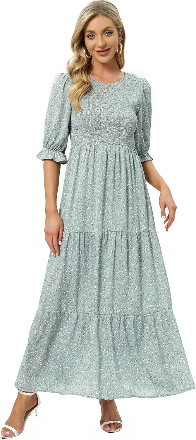 SHUQI Women's Summer Floral Maxi Dress Casual Empire Waist Ruffle Sleeve Long Dresses
