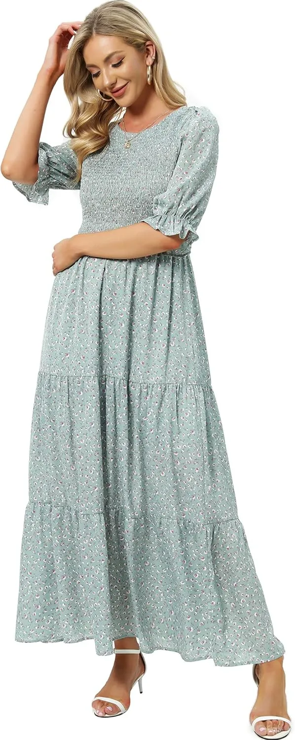 SHUQI Women's Summer Floral Maxi Dress Casual Empire Waist Ruffle Sleeve Long Dresses