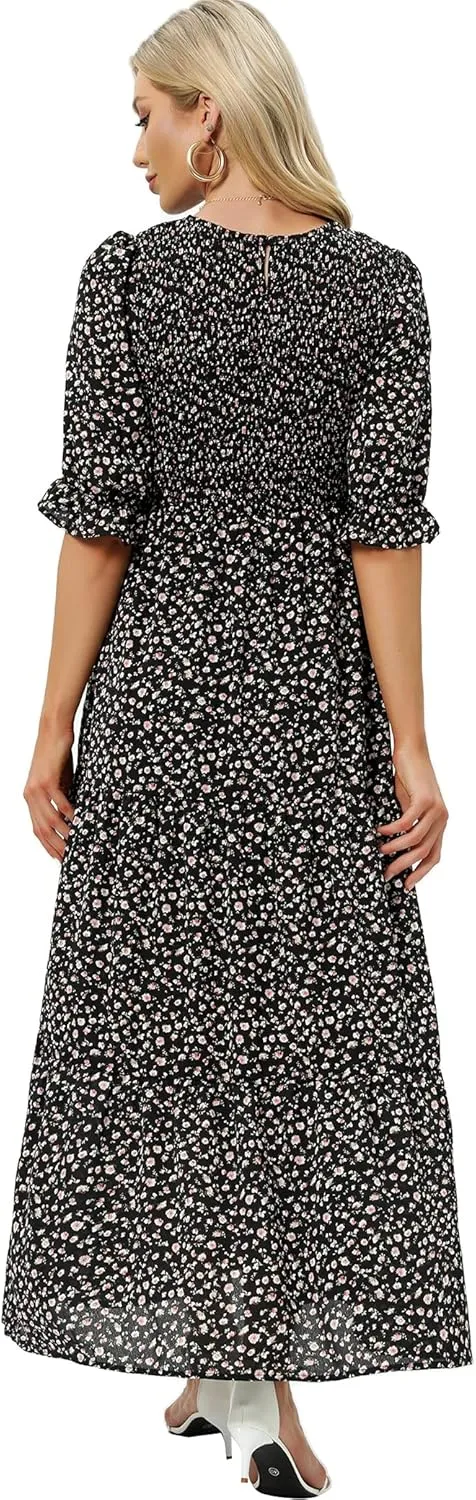 SHUQI Women's Summer Floral Maxi Dress Casual Empire Waist Ruffle Sleeve Long Dresses