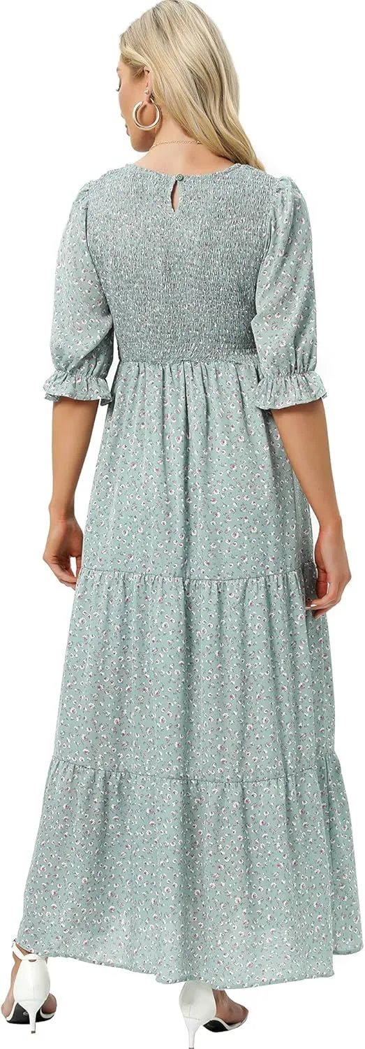 SHUQI Women's Summer Floral Maxi Dress Casual Empire Waist Ruffle Sleeve Long Dresses