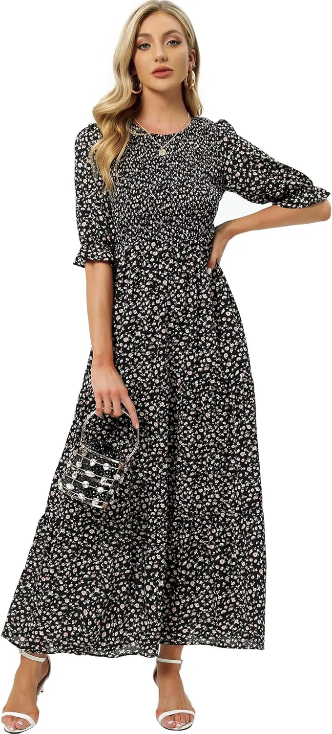 SHUQI Women's Summer Floral Maxi Dress Casual Empire Waist Ruffle Sleeve Long Dresses